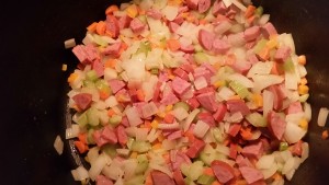 Sautéing up diced veggies and the Kielbasa sausage.